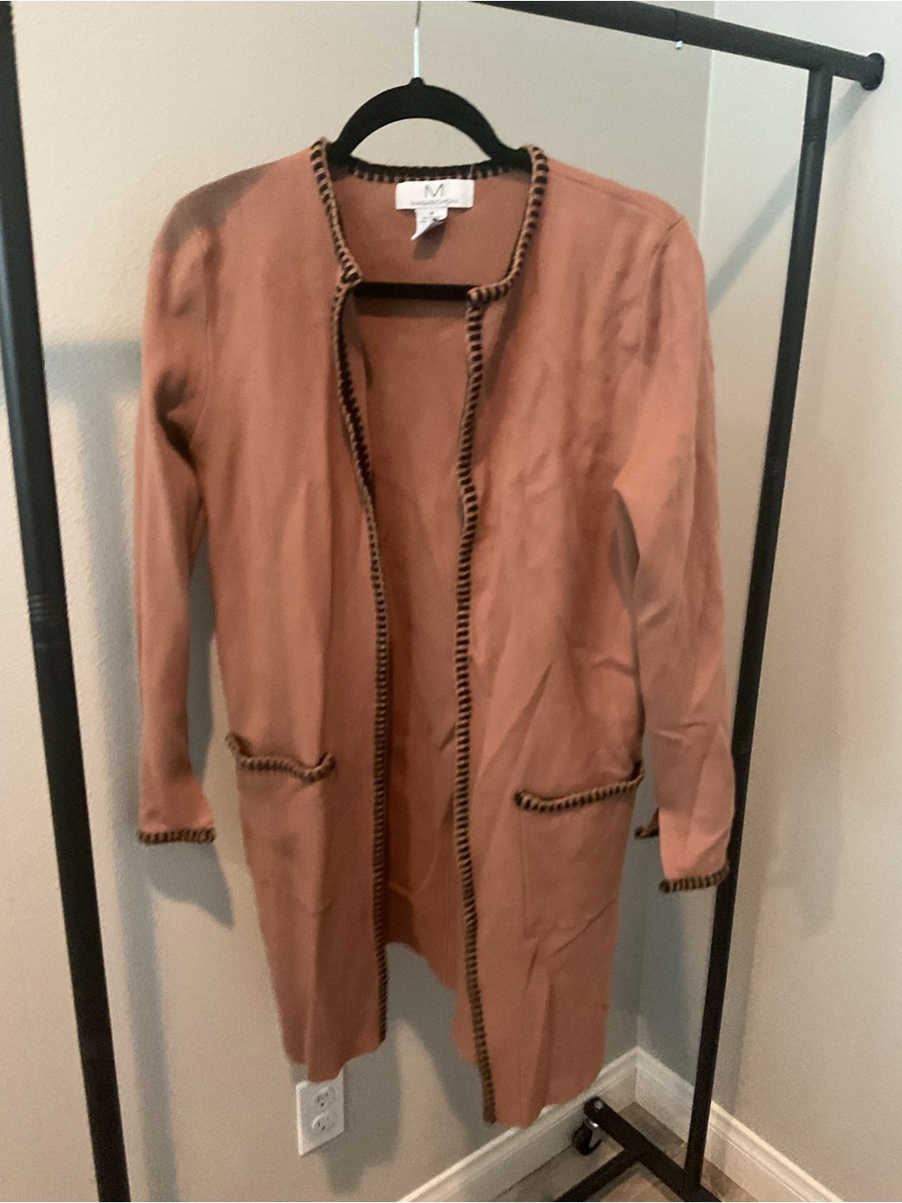 Magaschoni Camel Open-Front Long Cardigan with Black Trim Braided Detail